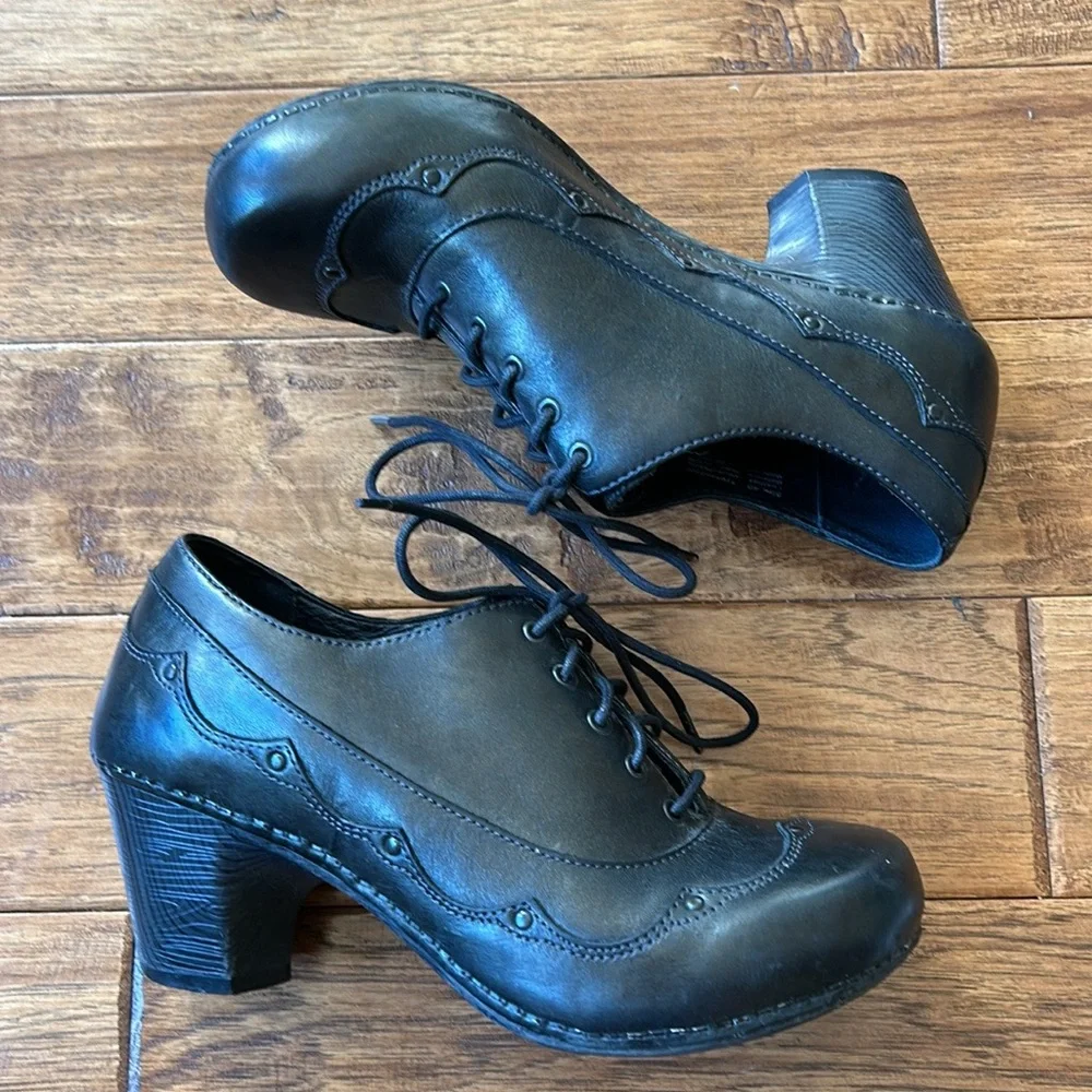 Dansko Nell Black Leather Lace Up Wingtip Oxford Clogs Heel Size 40_15